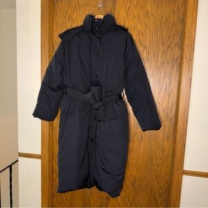 Everlane Medium The Dovet Puffer Full Zip Coat Long Belted Pockets Black CP